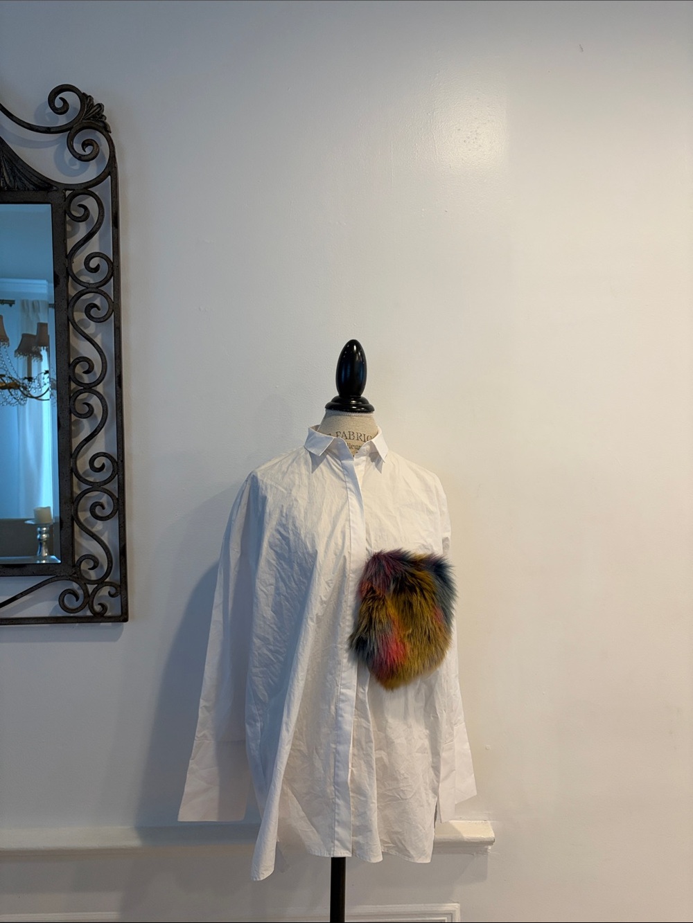 Zara White Button Down Shirt with Multicolor Faux Fur Accent
